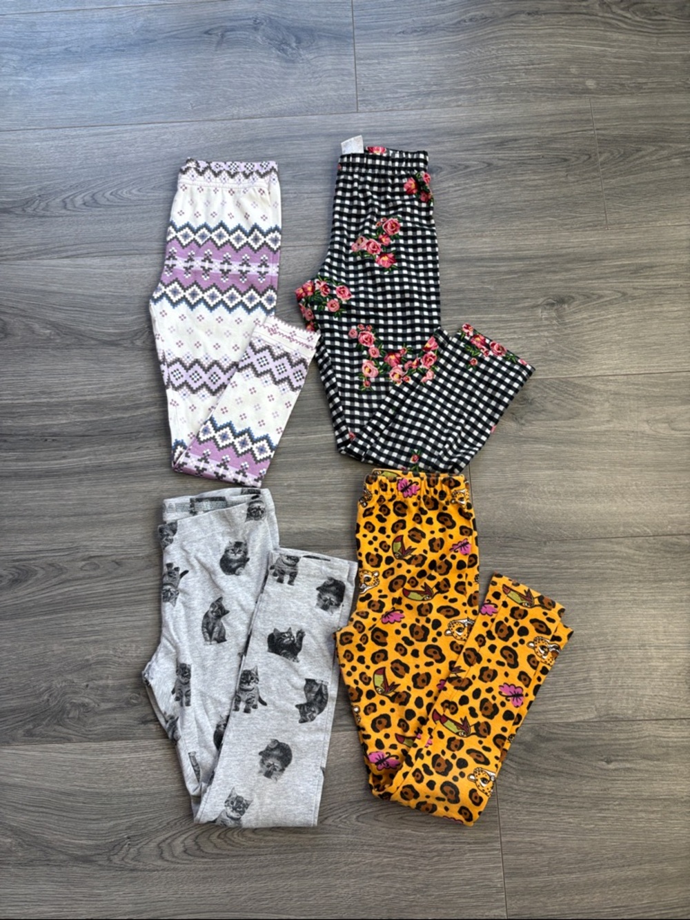 Set of 4 Printed Leggings - Floral Gingham, Leopard, Fair Isle & Cat Prints
